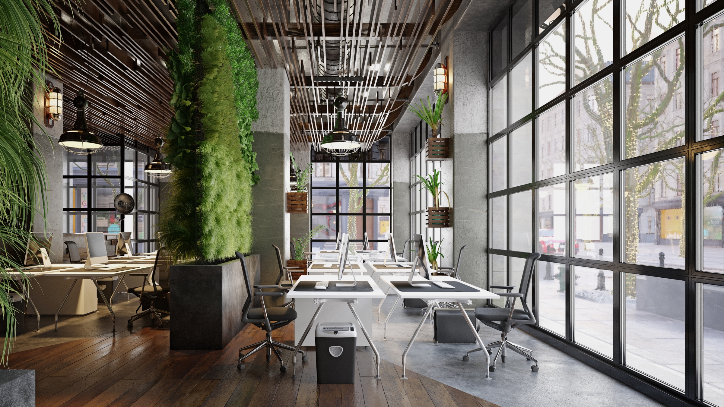 Another view of the MindMesh-inspired office, with a living green wall and sunlit desks